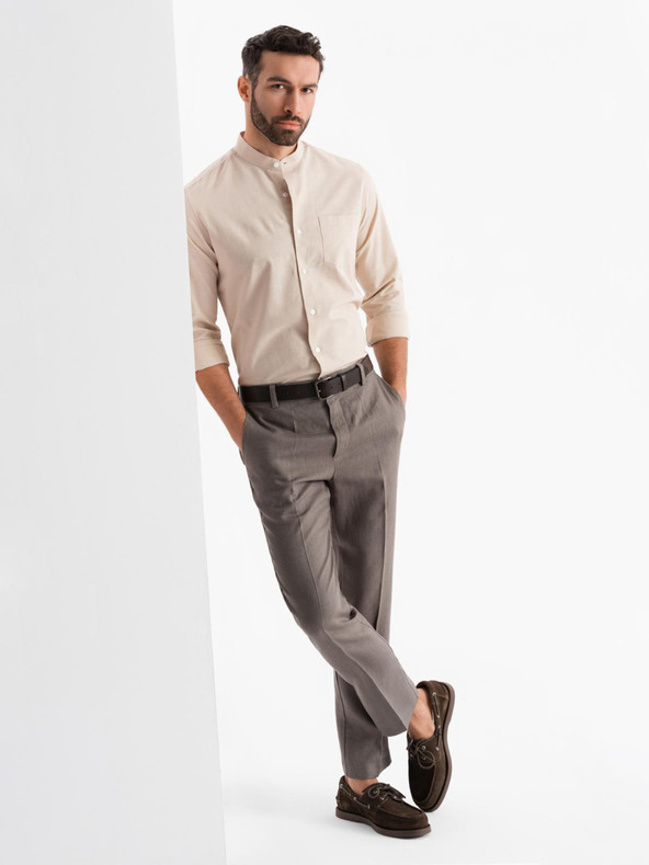 Ombre Clothing Moška platnen srajca z stoječim ovratnikom in žepom REGULAR FIT - kremna