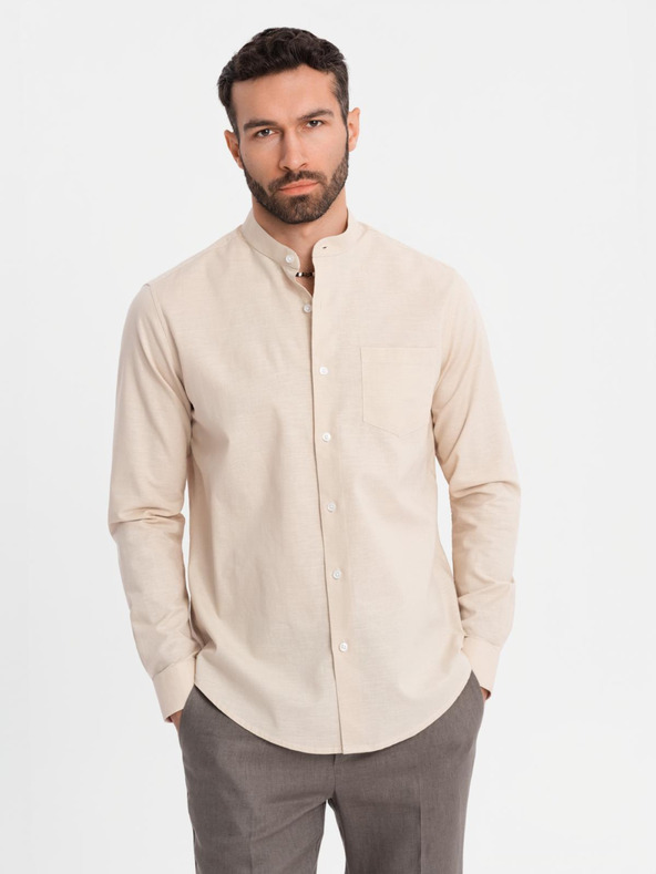 Ombre Clothing Moška platnen srajca z stoječim ovratnikom in žepom REGULAR FIT - kremna