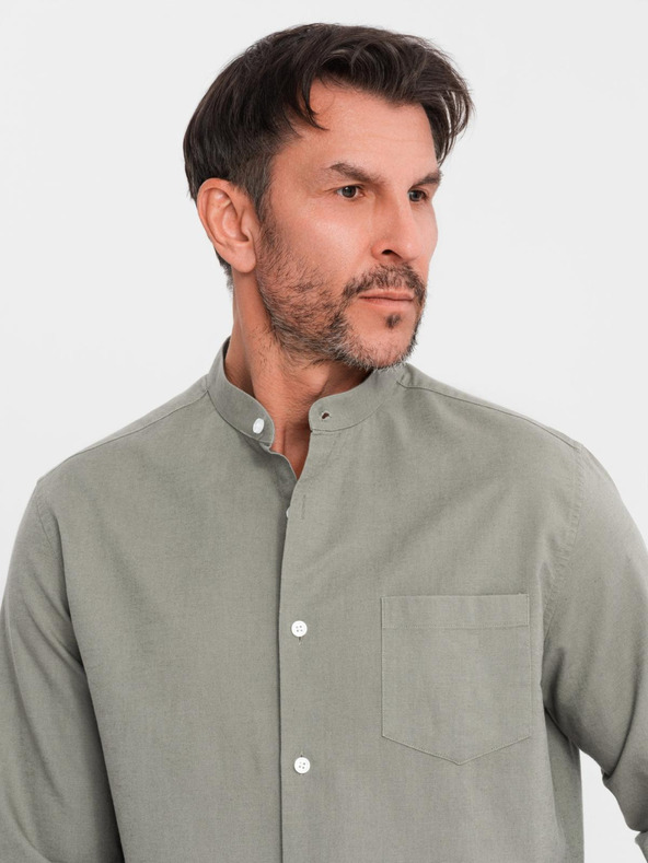 Ombre Clothing Moška platnen srajca z stoječim ovratnikom in žepom REGULAR FIT - khaki