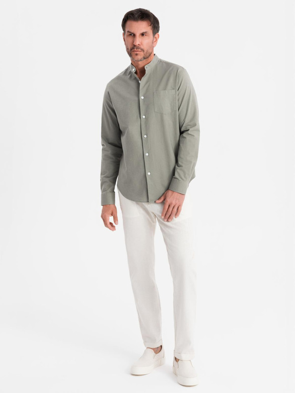 Ombre Clothing Moška platnen srajca z stoječim ovratnikom in žepom REGULAR FIT - khaki