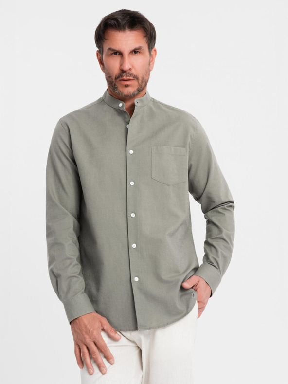 Ombre Clothing Moška platnen srajca z stoječim ovratnikom in žepom REGULAR FIT - khaki
