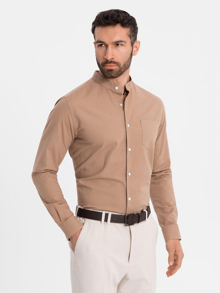 Ombre Clothing Moška platnen srajca z stoječim ovratnikom in žepom REGULAR FIT - svetlo rjava