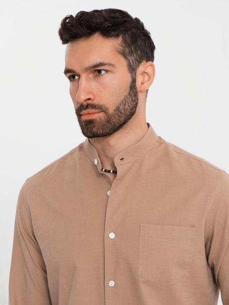 Ombre Clothing Moška platnen srajca z stoječim ovratnikom in žepom REGULAR FIT - svetlo rjava