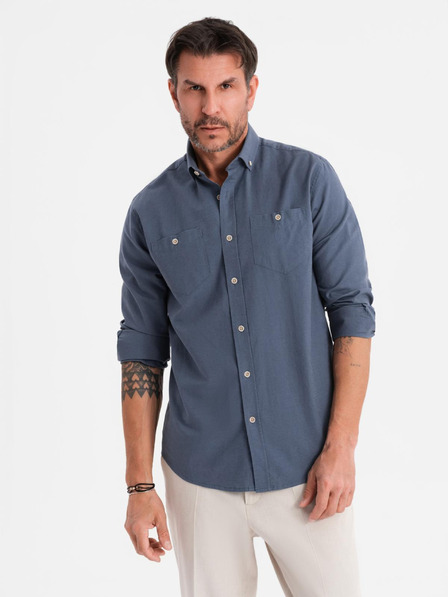 Ombre Clothing Moška platnen srajca s klasičnim ovratnikom in žepi REGULAR FIT - modra