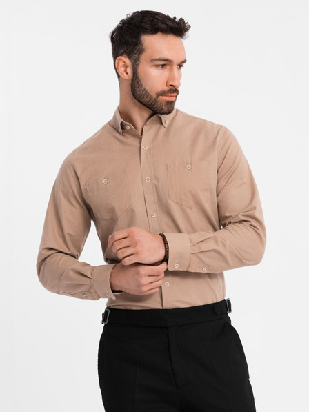 Ombre Clothing Moška lanena srajca s klasičnim ovratnikom in žepi REGULAR FIT - svetlo rjava