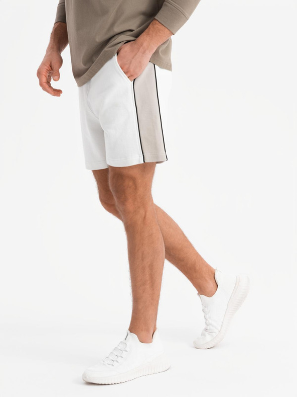 Ombre Clothing Moške kratke trenirka hlače z širokimi črtami - bele