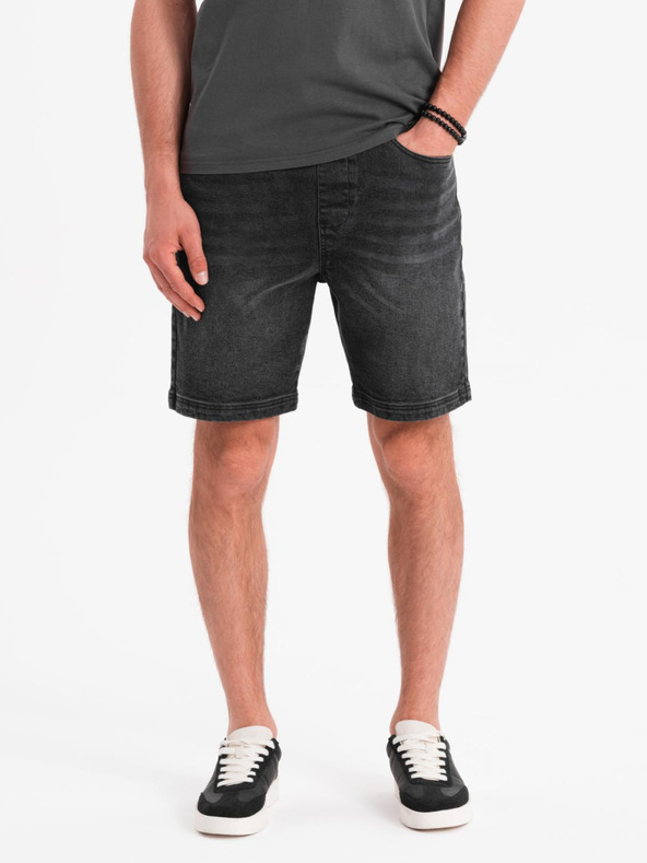 Ombre Clothing Moške kratke hlače z elastičnim pasom in opranim učinkom - črne