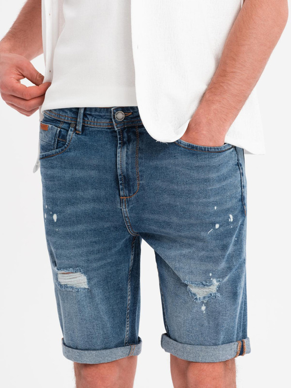 Ombre Clothing Moške kratke jeans kratke hlače z raztrganimi hlačnicami - modre