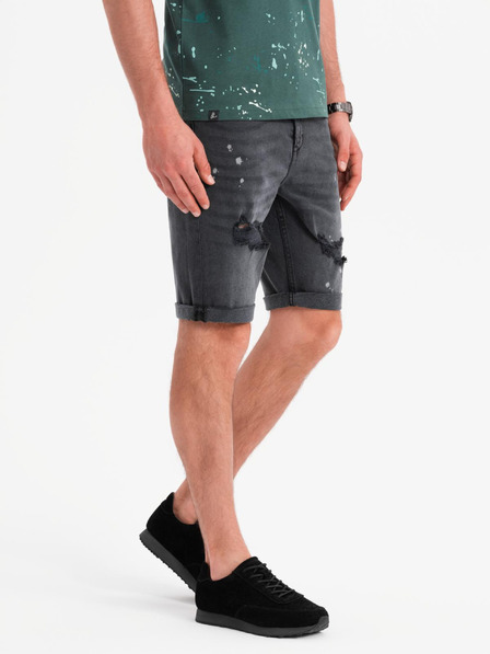 Ombre Clothing Moške kratke jeans kratke hlače z raztrganinami in zavihano hlačnico - sive