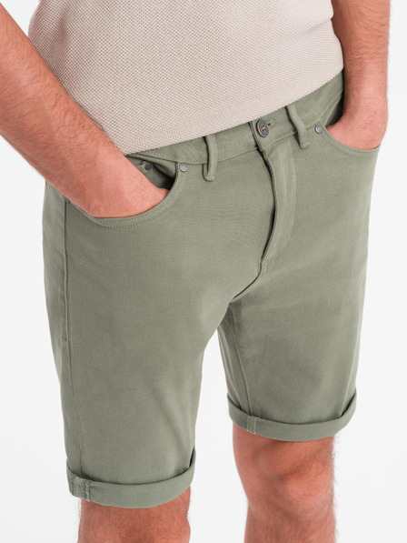 Ombre Clothing Moške klasične jeans kratke hlače z zavihano hlačnico - svetlo olivne