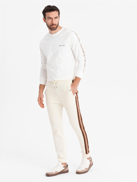 Ombre Clothing Moške trenirka hlače z obrobjem in rebrastimi robovi hlačnic - kremne