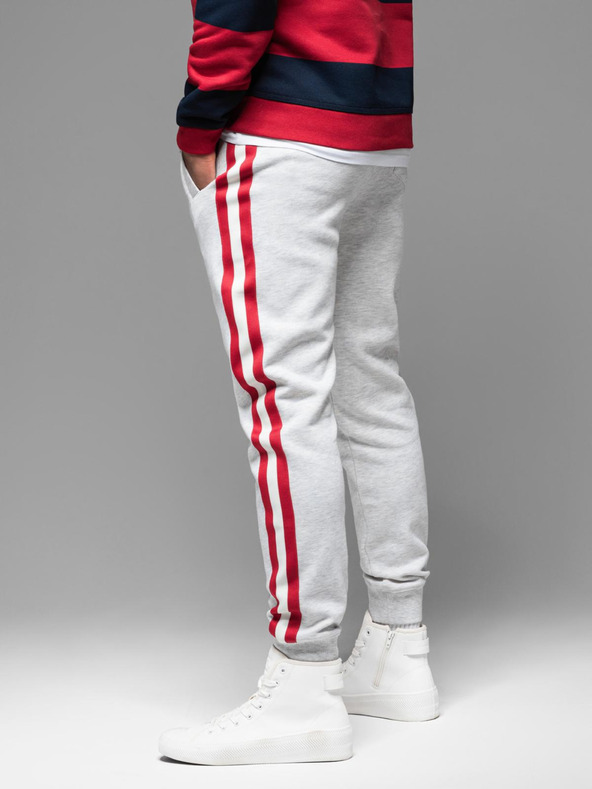 Ombre Clothing Moške trenirka hlače z obrobjem in rebrastimi hlačnicami - siva melanž