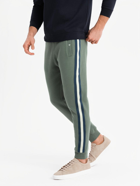 Ombre Clothing Moške trenirka hlače z obrobjem in rebrastimi hlačnicami - olivne