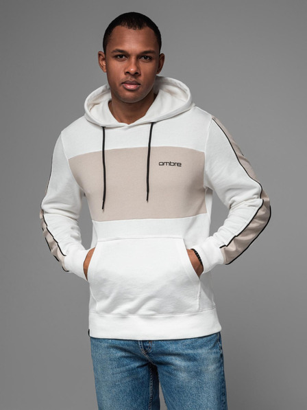 Ombre Clothing Moška bombažna jopica s kapuco in kontrastnimi detajli - bela