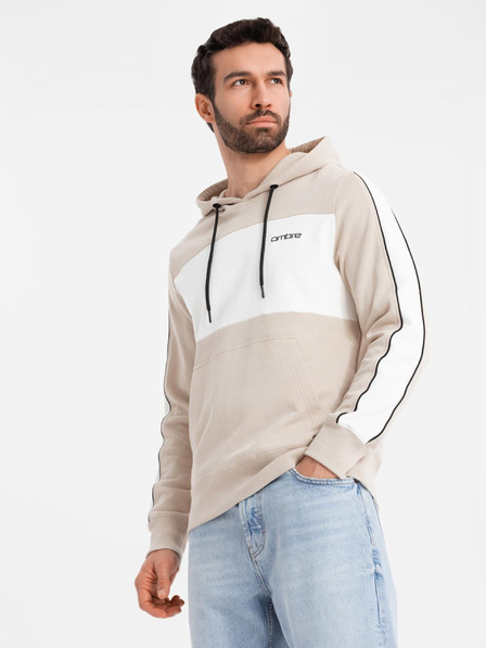 Ombre Clothing Moška bombažna jopica s kapuco s kontrastnimi elementi - bež