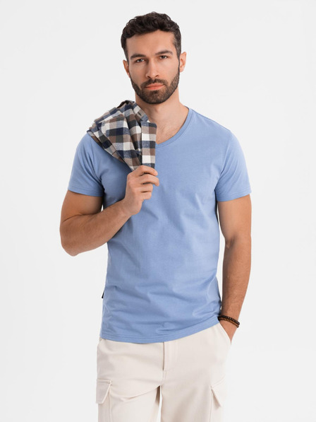 Ombre Clothing Moška klasična bombažna majica BASIC z V-izrezom - modra