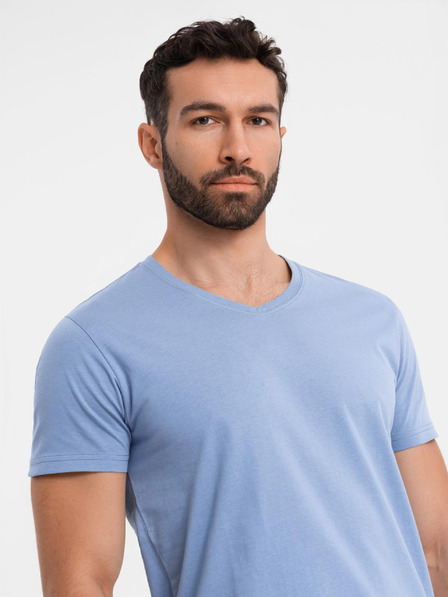 Ombre Clothing Moška klasična bombažna majica BASIC z V-izrezom - modra