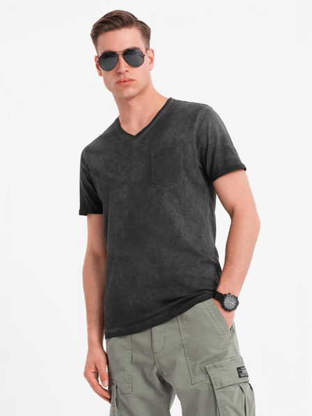 Ombre Clothing Moška bombažna majica z V-izrezom in opranim učinkom - črna