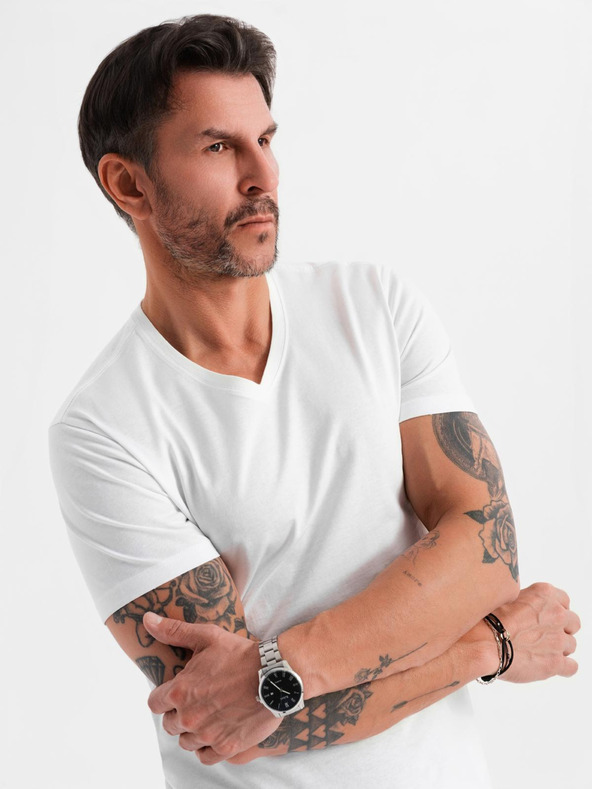 Ombre Clothing Moška klasična bombažna majica BASIC z izrezom - bela