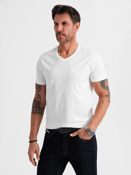 Ombre Clothing Moška klasična bombažna majica BASIC z izrezom - bela