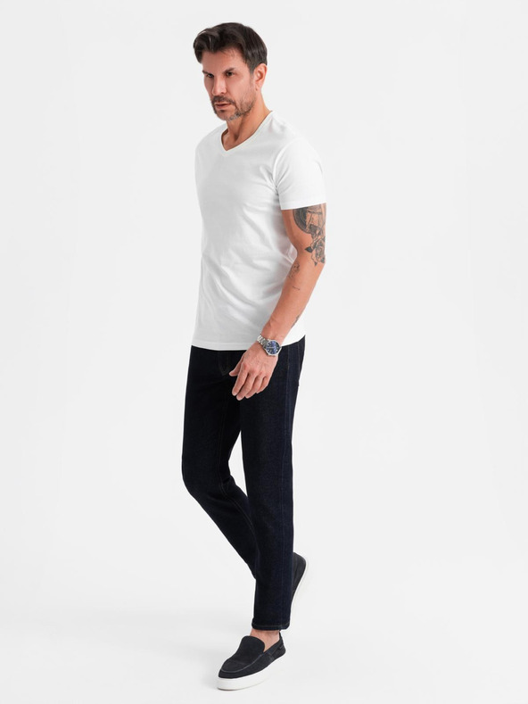 Ombre Clothing Moška klasična bombažna majica BASIC z izrezom - bela