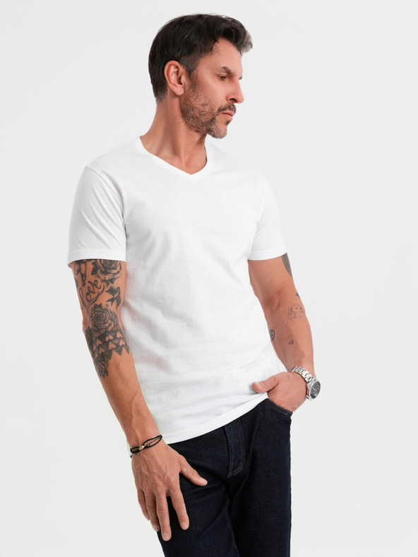 Ombre Clothing Moška klasična bombažna majica BASIC z izrezom - bela