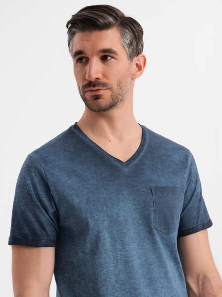 Ombre Clothing Moška bombažna majica z V-izrezom in opranim učinkom - temno modra