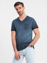 Ombre Clothing Moška bombažna majica z V-izrezom in opranim učinkom - temno modra