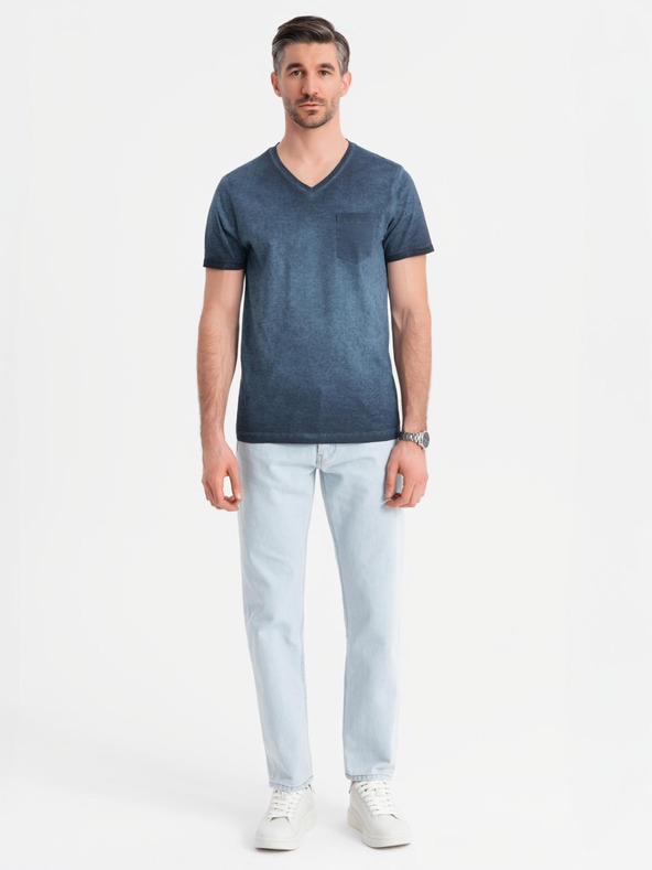 Ombre Clothing Moška bombažna majica z V-izrezom in opranim učinkom - temno modra