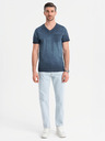 Ombre Clothing Moška bombažna majica z V-izrezom in opranim učinkom - temno modra