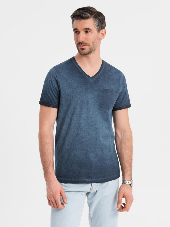 Ombre Clothing Moška bombažna majica z V-izrezom in opranim učinkom - temno modra