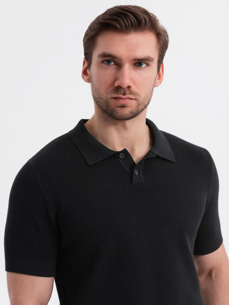 Ombre Clothing Moška bombažna polo majica iz strukturirane pletenine - črna