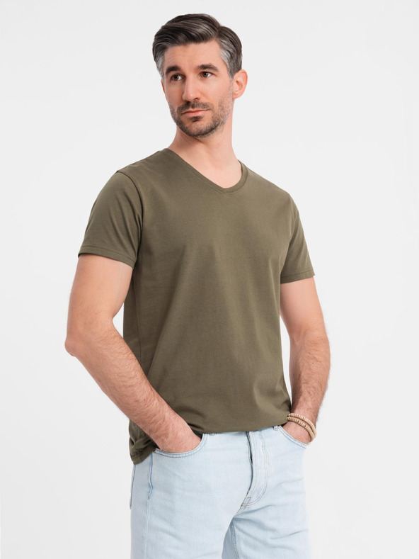Ombre Clothing Moška klasična bombažna majica BASIC z V-izrezom - temno olivno zelena