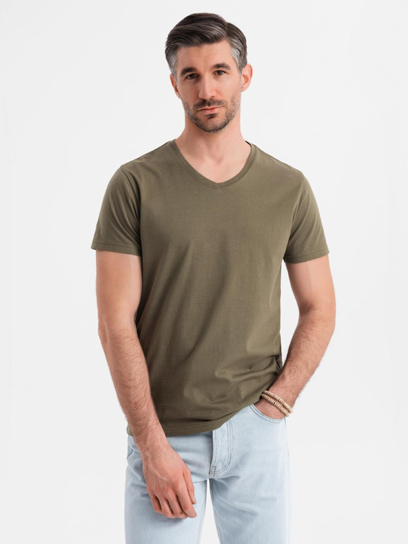 Ombre Clothing Moška klasična bombažna majica BASIC z V-izrezom - temno olivno zelena