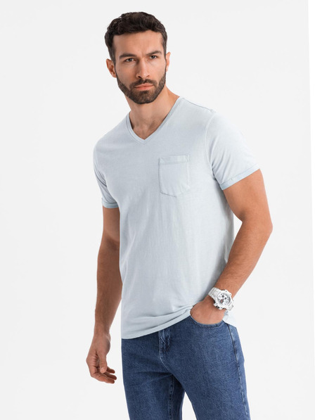 Ombre Clothing Moška bombažna majica z V-izrezom in opranim učinkom - siva