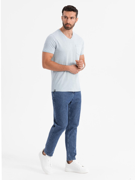 Ombre Clothing Moška bombažna majica z V-izrezom in opranim učinkom - siva