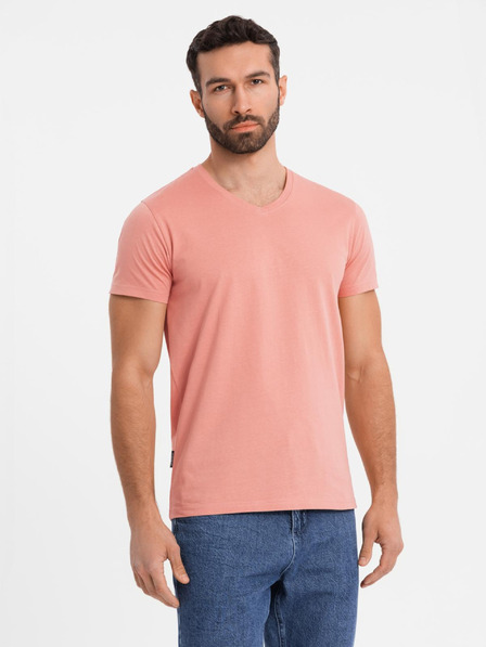 Ombre Clothing Moška klasična bombažna majica BASIC z izrezom - rožnata