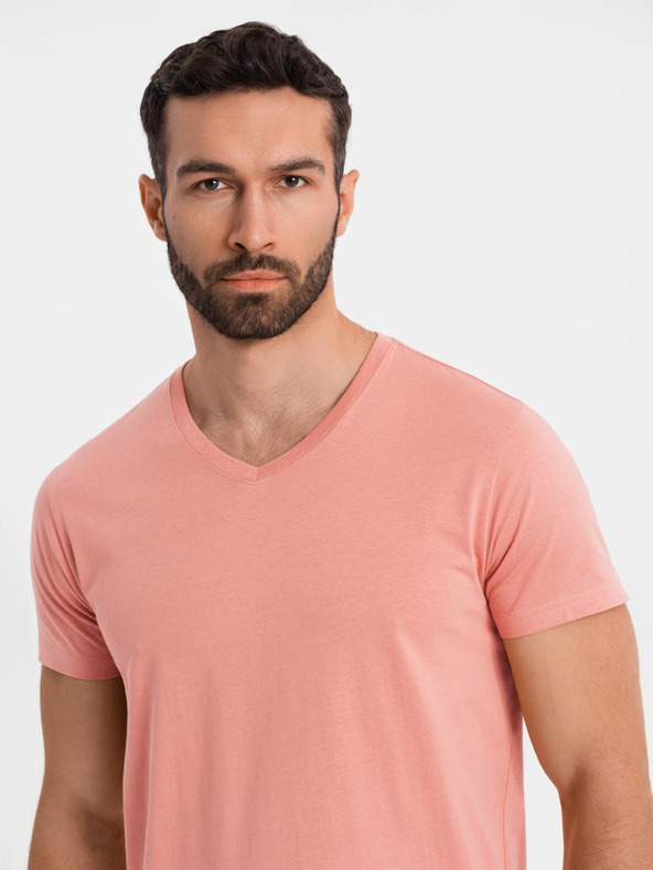 Ombre Clothing Moška klasična bombažna majica BASIC z izrezom - rožnata