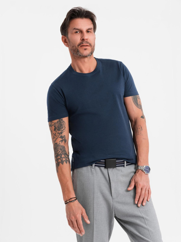 Ombre Clothing Moška klasična bombažna majica BASIC - temno modra