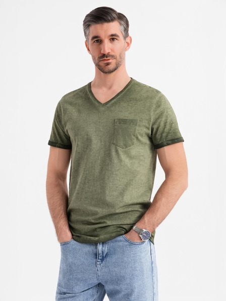 Ombre Clothing Moška bombažna majica z V-izrezom in opranim učinkom - olivno zelena