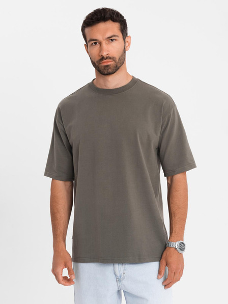 Ombre Clothing Moška bombažna majica LOOSE FIT z okroglim izrezom - temno olivno zelena