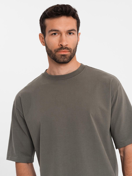 Ombre Clothing Moška bombažna majica LOOSE FIT z okroglim izrezom - temno olivno zelena