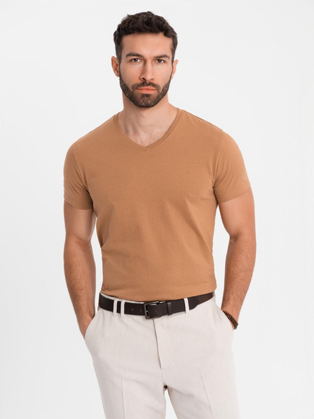 Ombre Clothing Moška klasična bombažna majica BASIC z V-izrezom - rjava