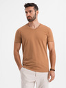 Ombre Clothing Moška klasična bombažna majica BASIC z V-izrezom - rjava