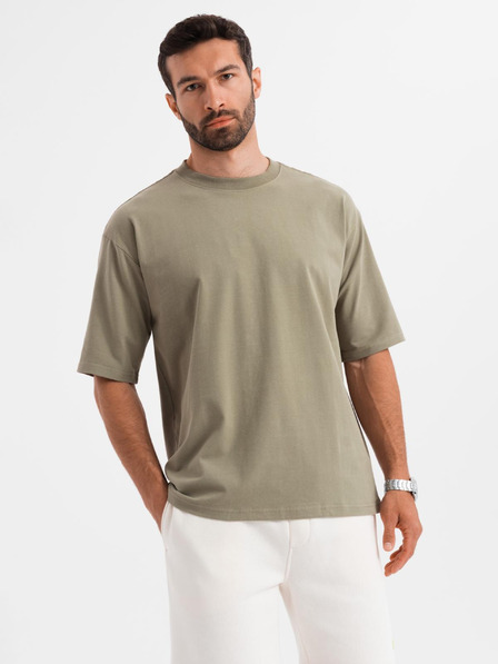 Ombre Clothing Moška bombažna majica LOOSE FIT z okroglim izrezom - khaki