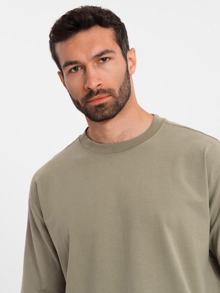 Ombre Clothing Moška bombažna majica LOOSE FIT z okroglim izrezom - khaki