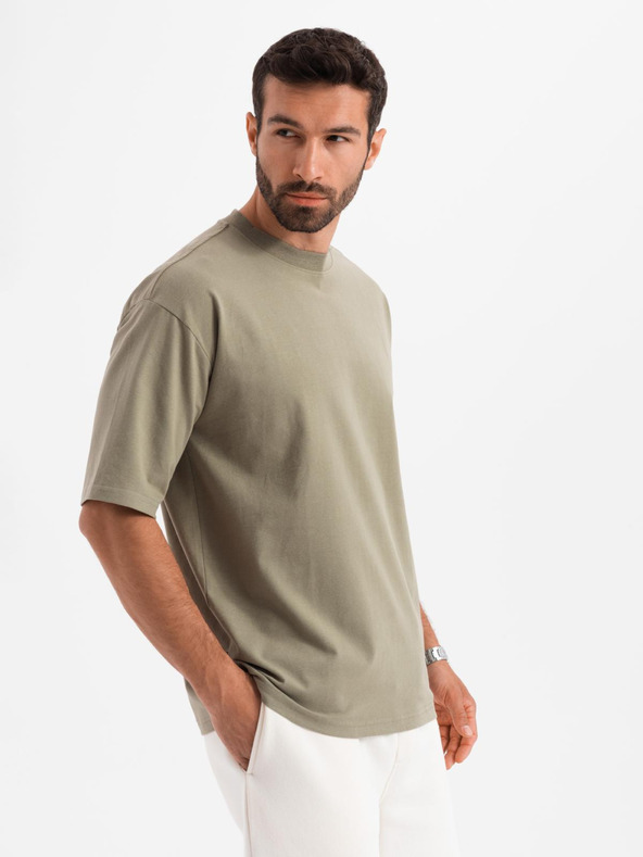 Ombre Clothing Moška bombažna majica LOOSE FIT z okroglim izrezom - khaki