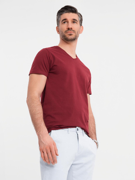 Ombre Clothing Bombažna klasična moška majica BASIC z V-izrezom - bordo