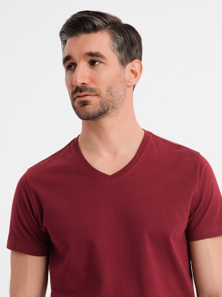 Ombre Clothing Bombažna klasična moška majica BASIC z V-izrezom - bordo