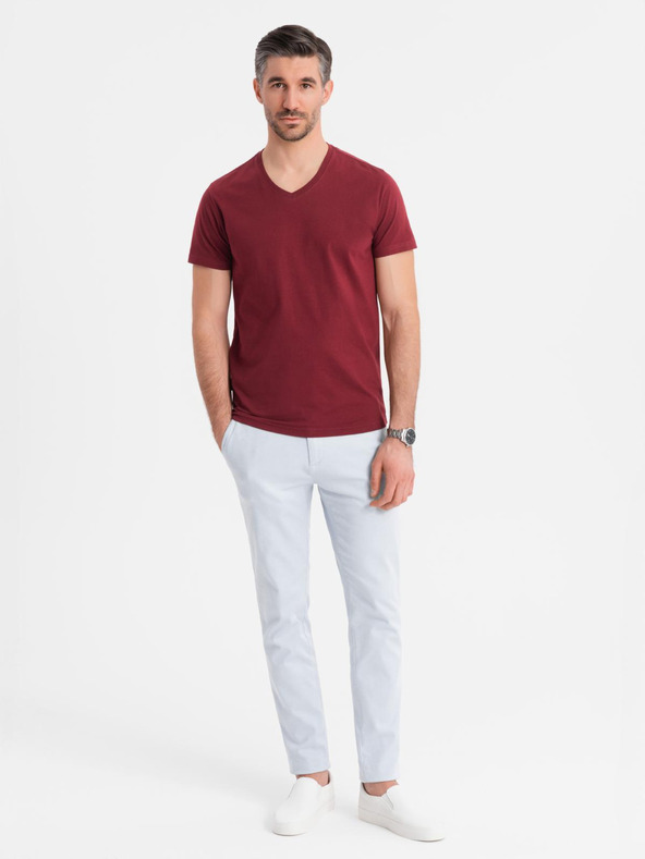 Ombre Clothing Bombažna klasična moška majica BASIC z V-izrezom - bordo